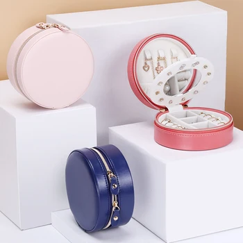 

New Round PU Leather Jewelry Storage Box Sweet Female Solid Color Small Fresh Zipper Round With Mirror Cute Portable Jewelry Box