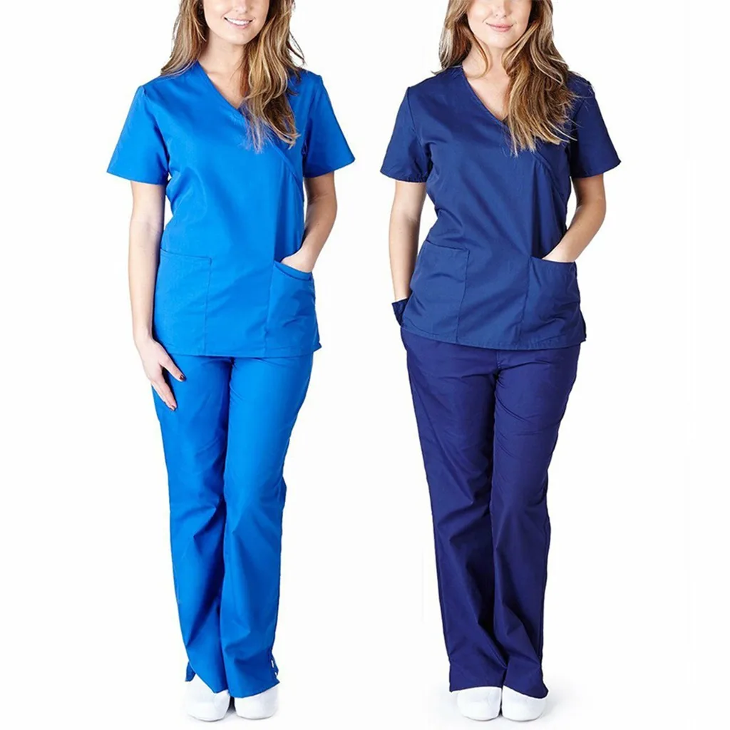 Women's Scrub Set Hospital Doctor Nurse Workwear V-Neck Short Sleeve Tops Pants 
