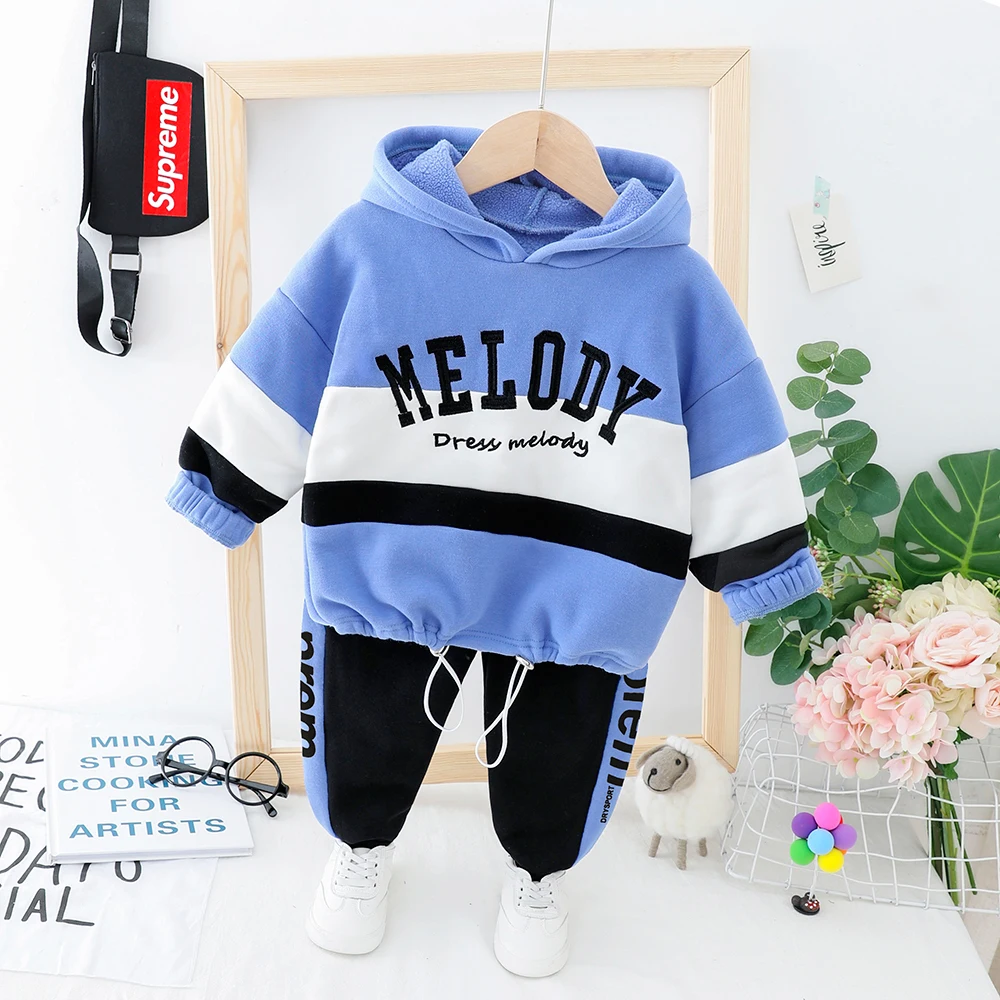 Autumn Winter Baby Infant Clothes Suits Toddler Boys Clothing Sets Striped Hooded Letter Coat Pants Kids Children Costume