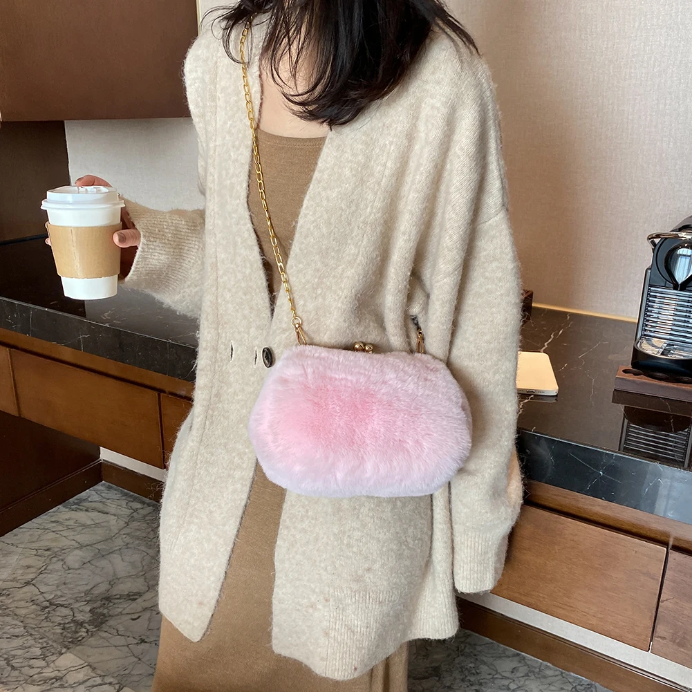 2021 Winter Women Plush Fur Chain Clip Coin Wallet Lady Party Evening Bags Pink Mini Crossbody Bag Luxury Designer Handbags Tote |