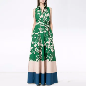 

2018 nian Spring and Summer Fashion Show New Foreign Trade Women's Slim Fit Printed Maxi Dress Sleeveless Dress H0124