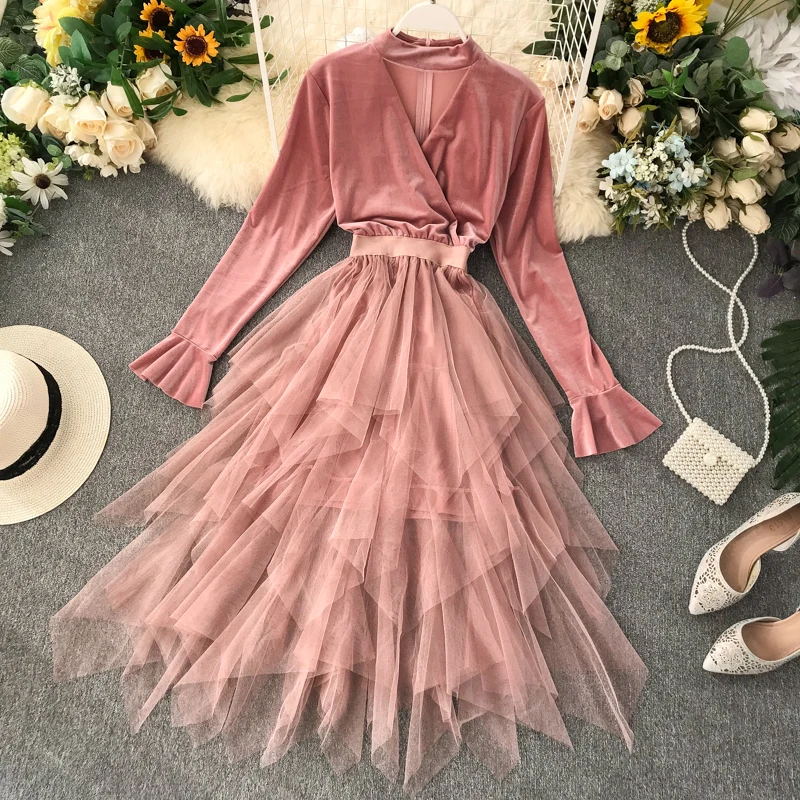YuooMuoo хорошее качество удобные романтические женские розовые вечерние платья осень зима Холтер v-образный вырез асимметричное бархатное кружевное длинное платье