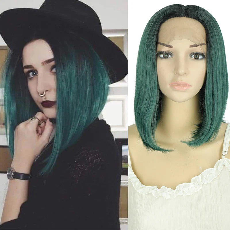 

DIANQI synthetic lace front wig straight hair bob wigs dark green color lace front cosplay 13 "short wigs for woman