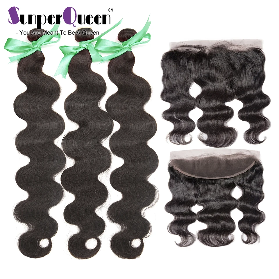 

{Sunper Queen}Body Wave 8-30inch M Brazilian Human Remy Hair Natural Color 3 bundles with 13*4 frontal