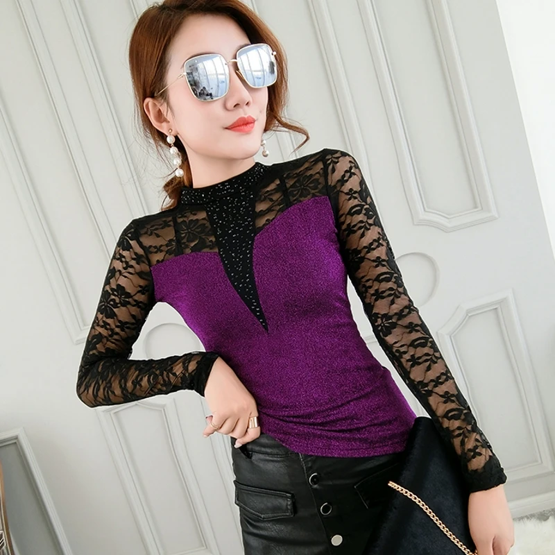 Purple t-shirt Осень Сексуальная футболка Для женщин бриллиантами кружево вышивка прозрачный тонкий стретчевый топ с длинными рукавами в стиле пэчворк S-3XL T98495 - Цвет: Purple t-shirt