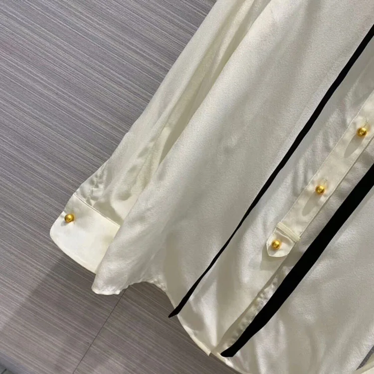 Early Autumn New Fashion Sweet Girly Style Tie- Bow Silk Shirt Women Two Color Blue White Free Shipping