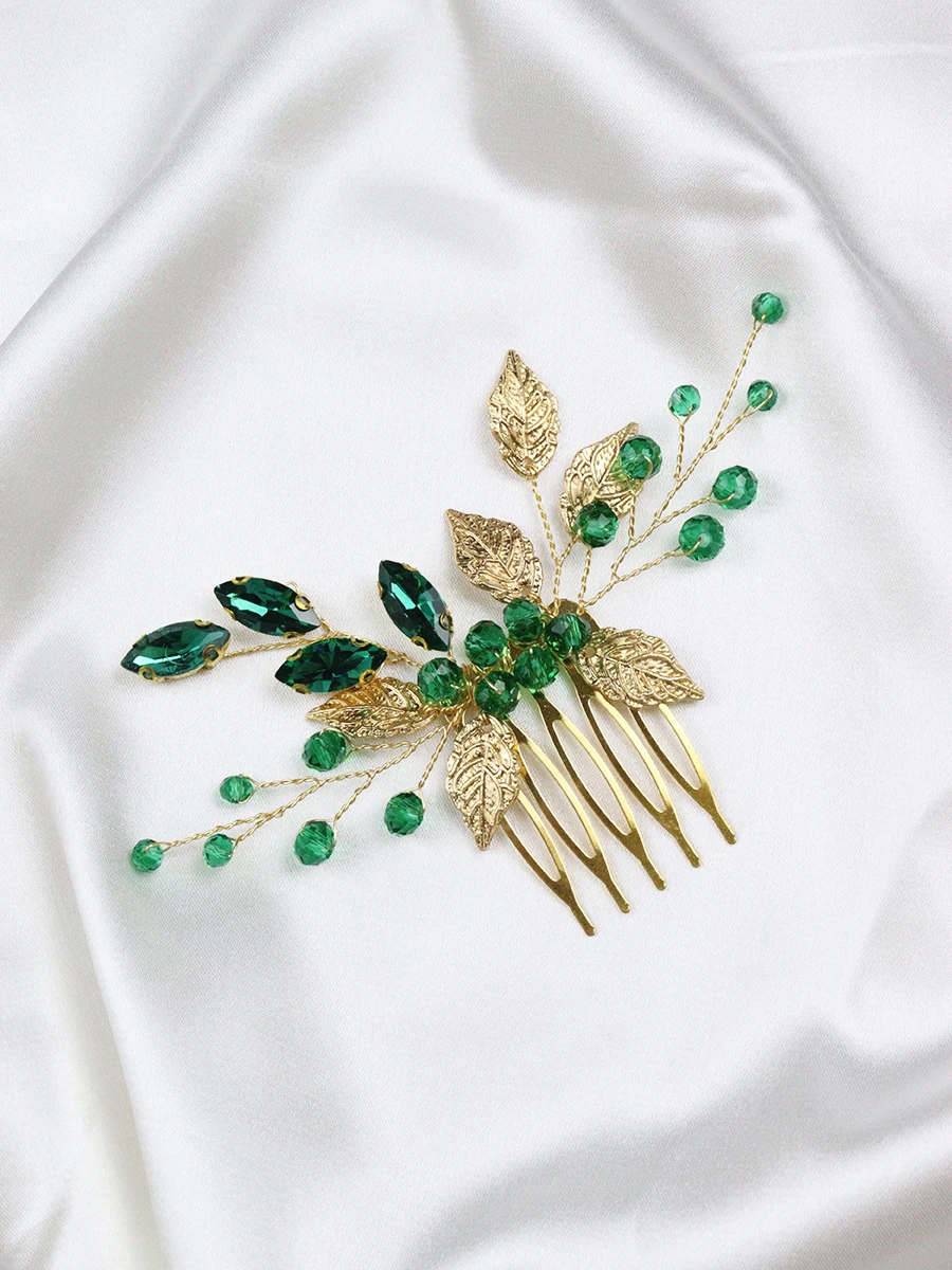 Vintage Golden Bridal Hair Comb Green Rhinestone Handmade Hair Jewelry Women Hairpieces Crystal Wedding Accessories Clips