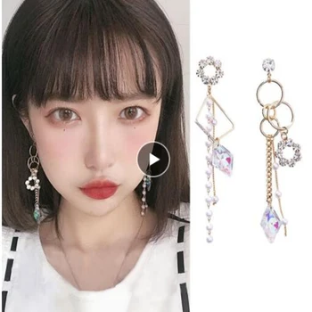 

2019 New Korean Long Tassel Colorful Rhombus Crystal Circle Asymmetric Earrings For Women Simulated Pearl Pendientes