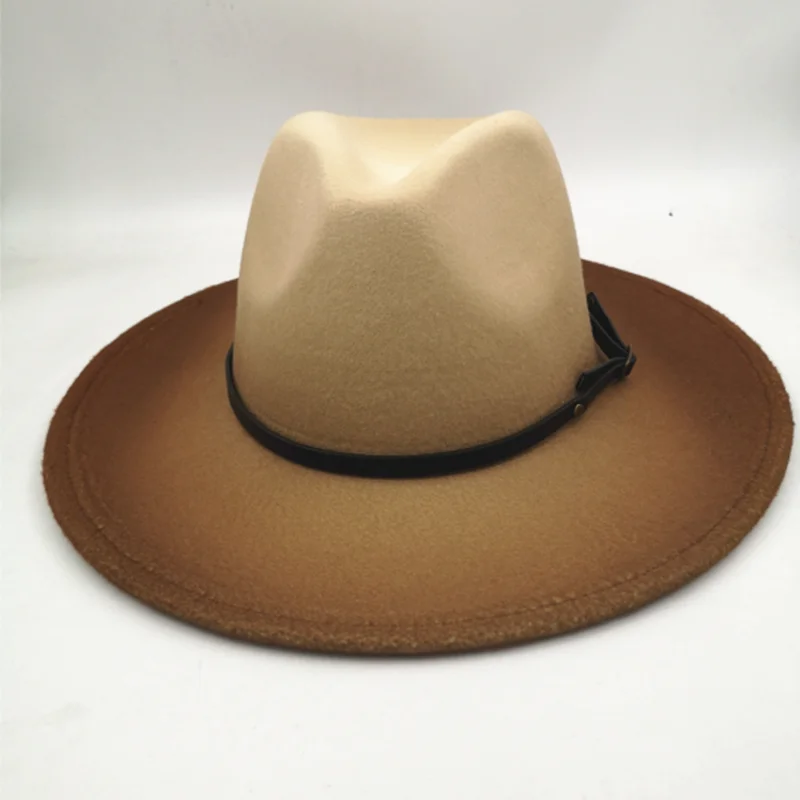 Новая женская мужская шерстяная фетровая шляпа с кожаным ремнем Buck джентльменская Дамская зимняя Осенняя градиентная цветная джазовая церковная Панамская шляпа