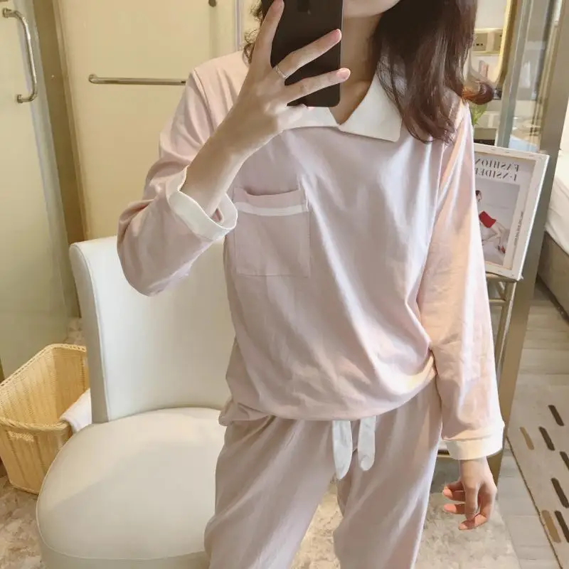 

Korean-style Fold-down Collar Long Sleeve Pants Pure Cotton-Outer Wear Two-Piece Set New Style Pajamas Women's Autumn Fresh Stud