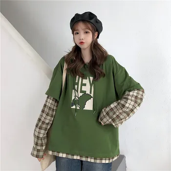 

Focal20 Streetwear Plaid Patchwork Hooded Women Sweatshirt Top Fake 2 Pieces Female Pullovers Loose Autumn Lady Sweatshirts Tops