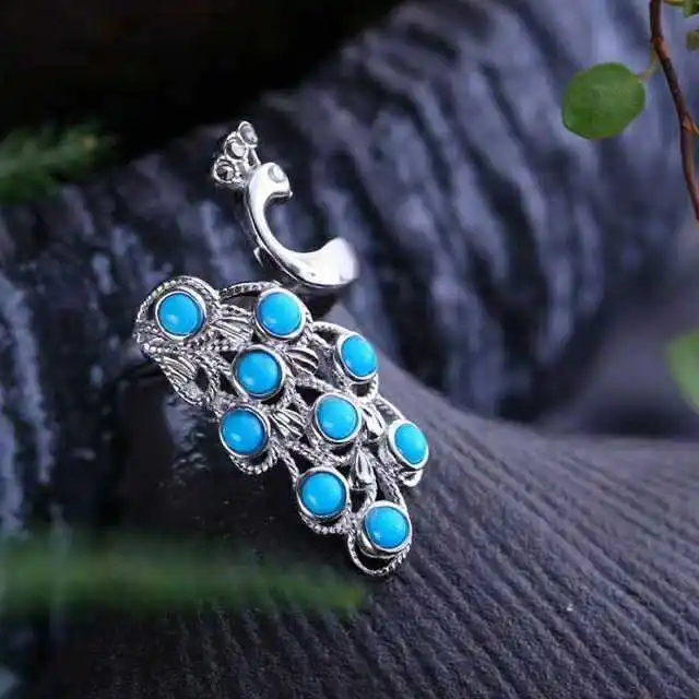 Женское кольцо с бирюзой и павлином инкрустированное серебром 925 пробы|Кольца| |