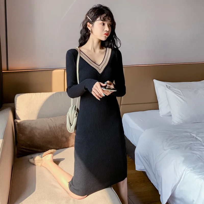 Осень v-образным вырезом Оболочка Bodycon Midi ткань черный сплошной с длинными рукавами сексуальный вязаный свитер платье