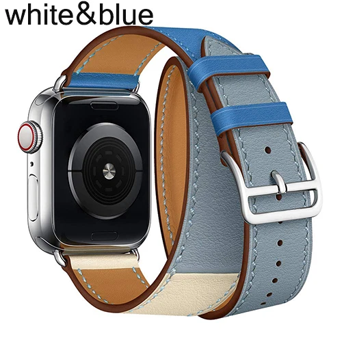 Кожаный браслет с двойными кругами для Apple Watch 1, 2, 3, 42 мм, 38 мм, ремешок для Iwatch Series 5, 4, 40, 44 мм - Цвет ремешка: blue-Grayblue-white