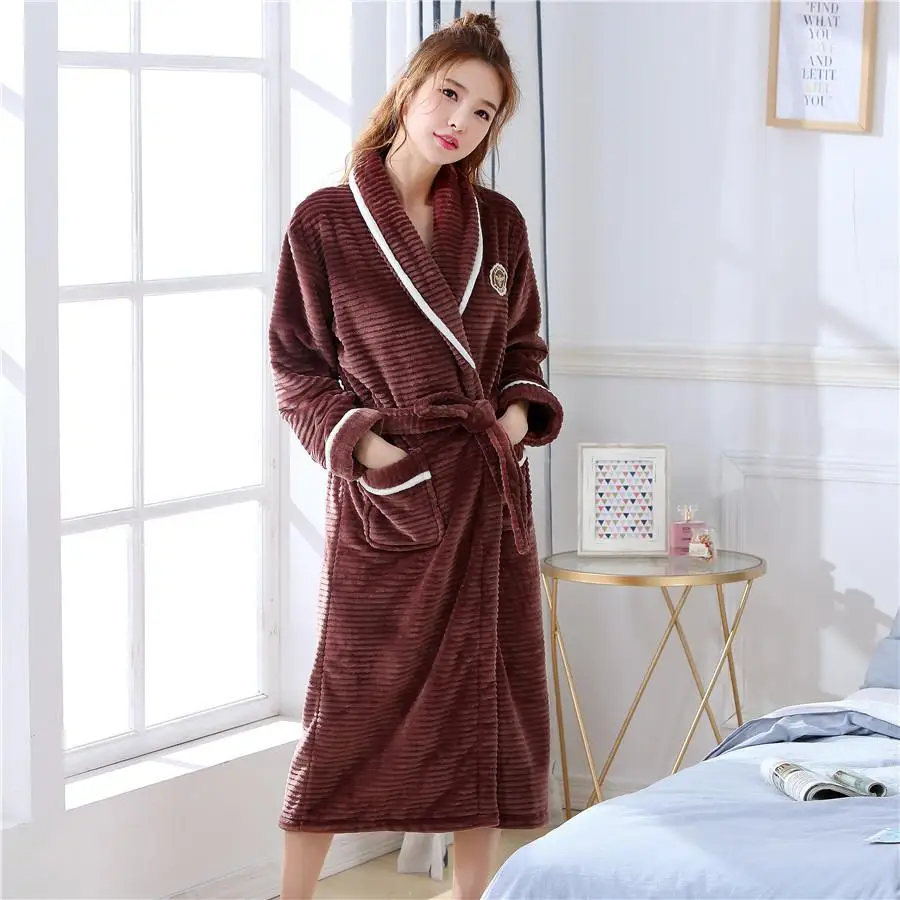 Ночное белье повседневное Фланелевое женское Халат коралловый флис теплое зимнее кимоно платье пижамы Толстая Домашняя одежда Карманный ремень пижамы - Color: Brown A