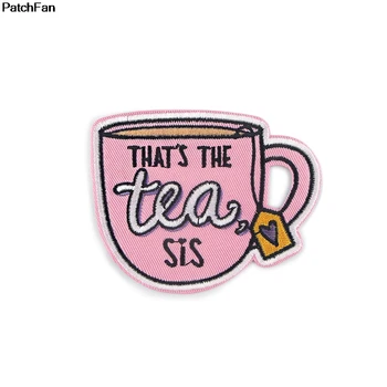 

A3632 Patchfan Cartoon Cute Pink Colour That's is the Tea Iron On Embroidered Clothes Patches For Clothing Stickers Garment