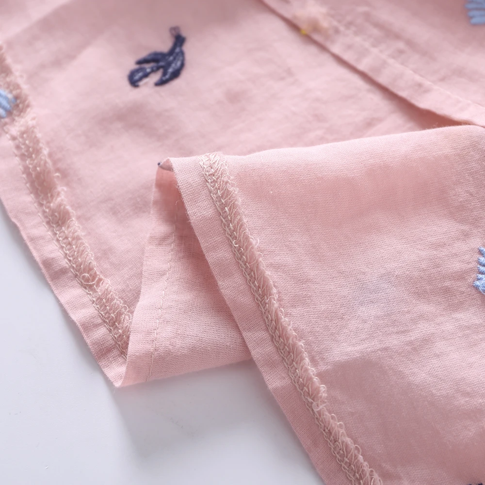 Весна лето женская хлопковая льняная блузка розовый белый серый маленький узор вышивка Топы женские повседневные с коротким рукавом