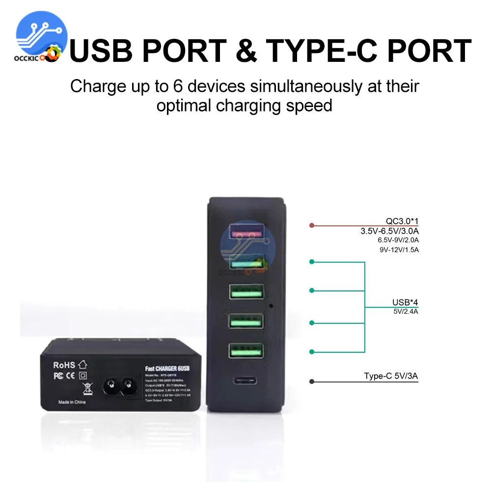 Быстрая зарядка 3,0 адаптер быстрое зарядное устройство usb type-C 6 порт портативная зарядка для зарядки мобильного телефона для iPhone samsung Xiaomi