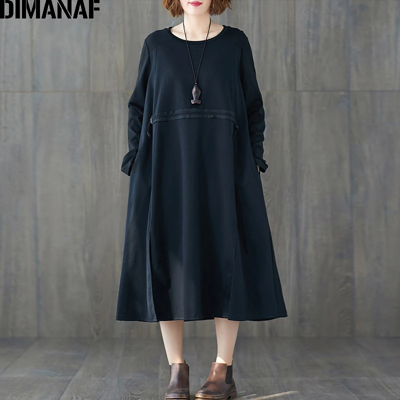 JJJ9073CN-hei DIMANAF, женское платье, зима-осень, длинный рукав, vestidos, хлопок, свободный, размера плюс, женское, офисное, женское платье, элегантное, с оборками - Цвет: JJJ9073CN-hei