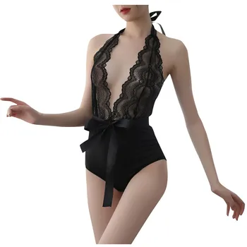 

Women Cute Sexy Sheer Lace Trim Sheathy Backless Halter Wrap Body Suit Lingerie Babydoll Sleepwear Bra Set Conjunto de lenceria