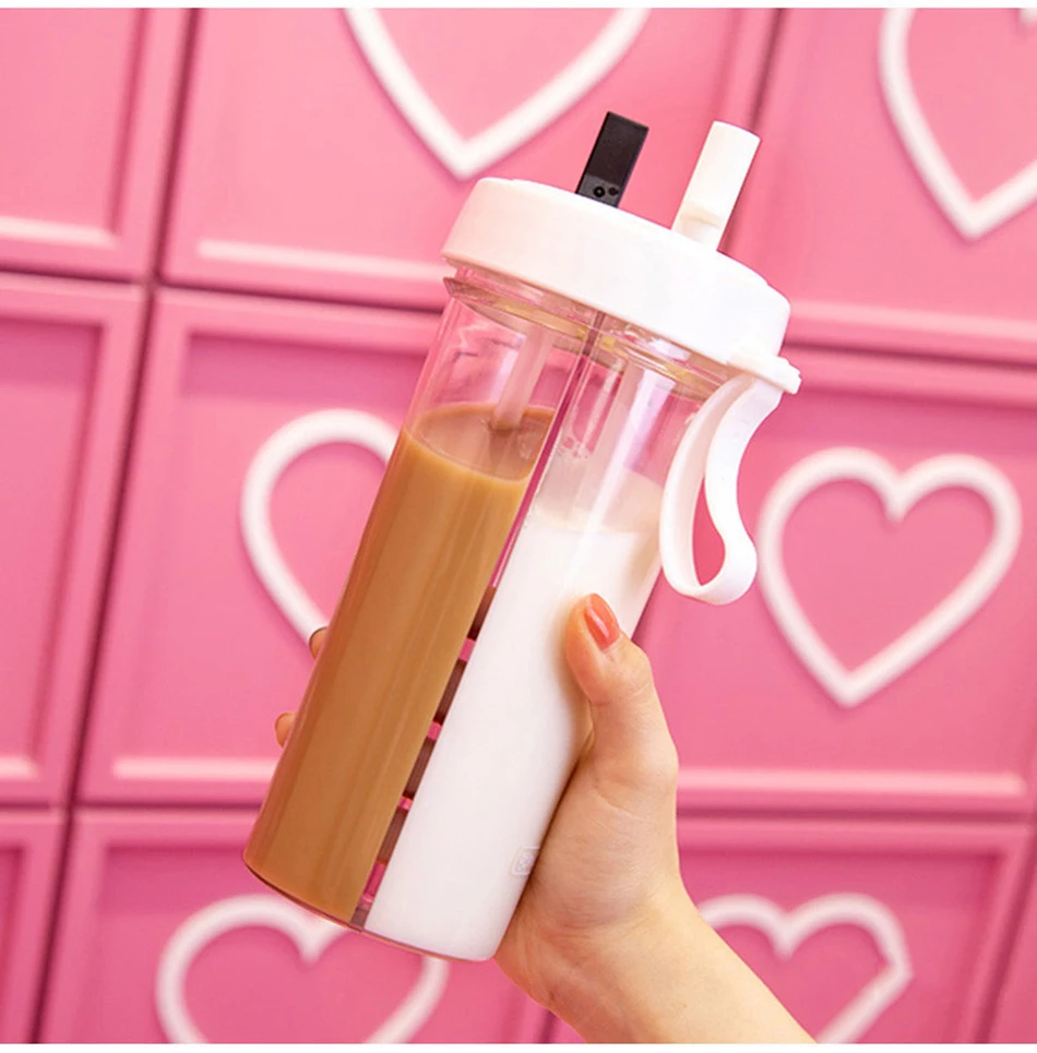 420/600ml Kawaii Double Straw Water Bottles Creative Lovers Drink Cup for Girls Portable Sports Plastic Water Bottle BPA Free