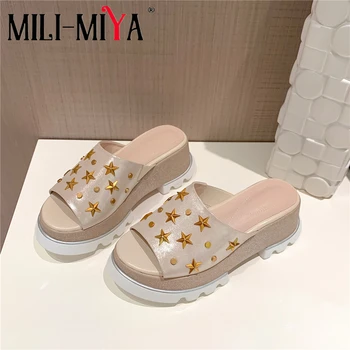 

MILI-MIYA New Casual Dress Women Sheepskin Sandals Slip-On Rivet Star Round Toe Wedges Solid Color Summer Shoes For Ladies