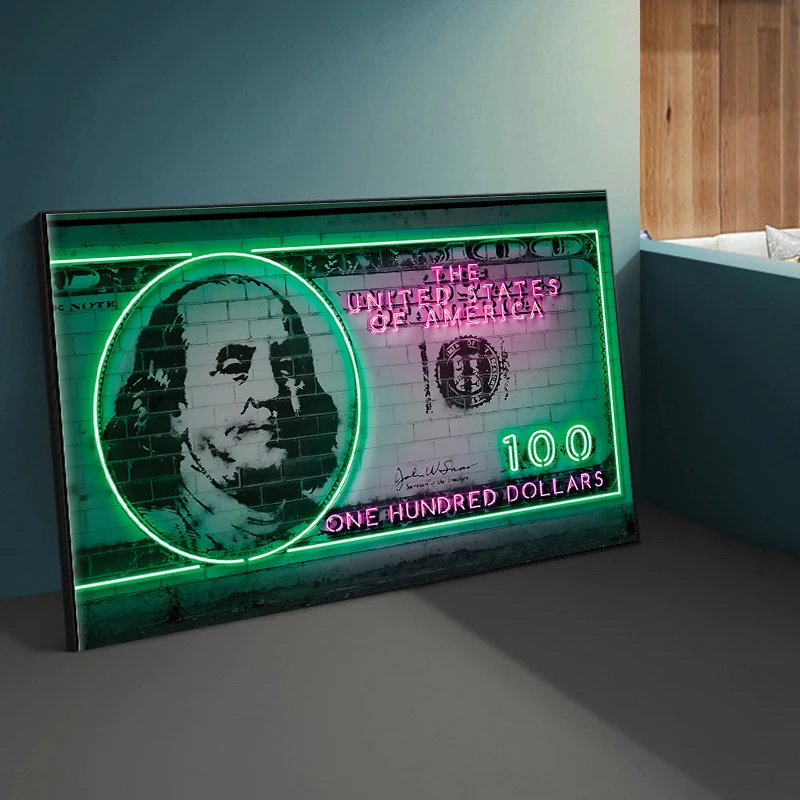 Motivational Dollar Neon Lights Posters and Prints Abstract 5/20/50/100 Canvas Painting Wall Art for Bedroom Office Decor | Дом и сад