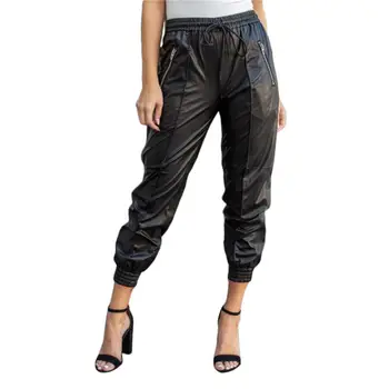 

Fashion Women Black High Waist Faux Leather Pants Casual Elastic Waist Ankle Length Cargo Pants