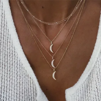 

Boho Crescent Crystal Pendant Necklace For Women Multiple Layers Gold Chain Necklace Fashion Jewelry Collares de moda 2020