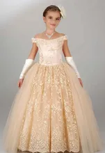 Vintage Champagne Lace Flower Girls Dresses for Wedding Off the Shoulder Ball Gown Bodice Corset Back Holy Communion Dress