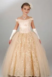 Vintage Champagne Lace Flower Girls Dresses for Wedding Off the Shoulder Ball Gown Bodice Corset Back Holy Communion Dress