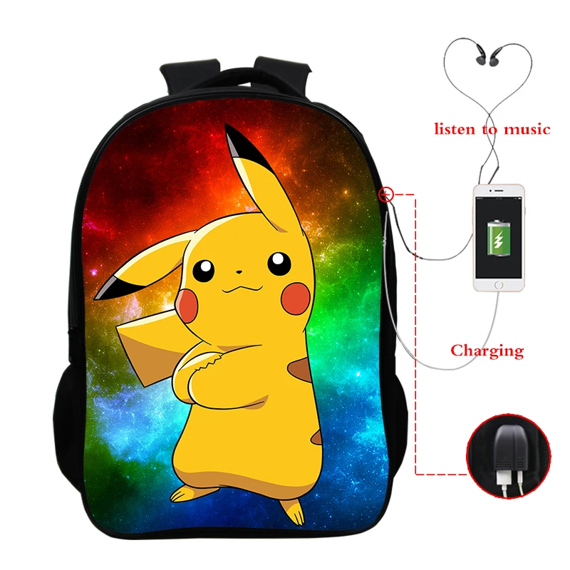 Galaxy Pikachu, школьный рюкзак, сумка, 3d принт, 16 дюймов, зарядка через Usb, рюкзак для колледжа, студентов, рюкзаки, Покемон, школьный рюкзак, Sac A Dos