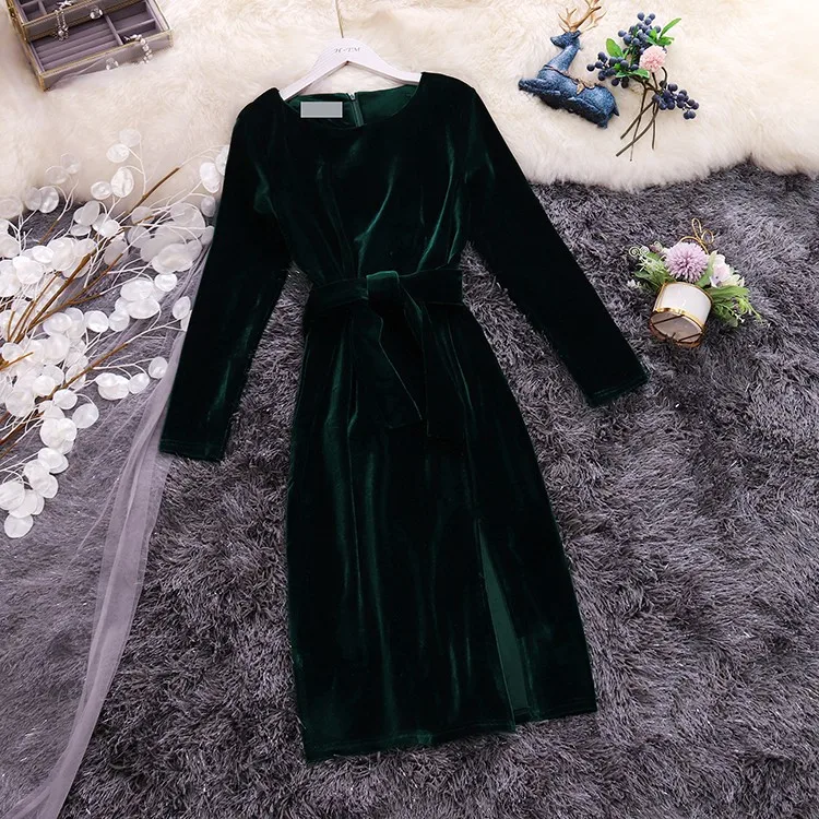dark green HISUMA Осень Зима Новое Женское бархатное платье феи с круглым вырезом и длинным рукавом на шнуровке с бантом женское приталенное платье-футляр с разрезом - Цвет: dark green