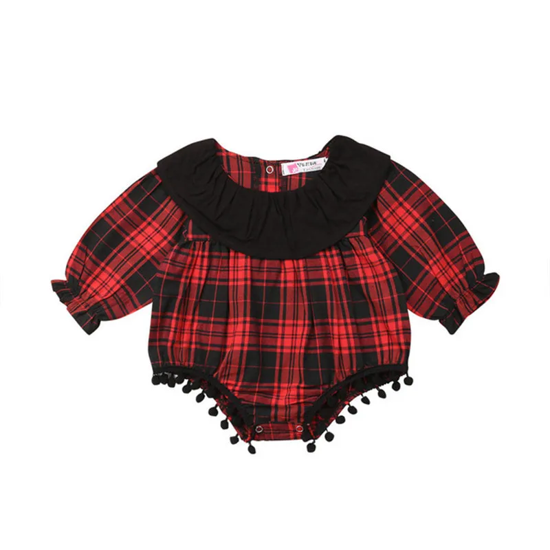 

Spring And Autumn 0-3-Year-Old Trend Korean-style Romper Red Plaid Long Sleeve Cotton Ball Triangular Crawling Clothes
