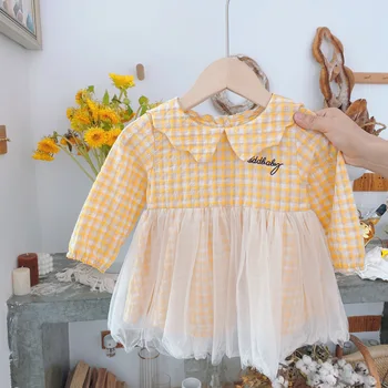 

0-2 Year Old Baby Plaid Dress Girl Clothes 2020 Autumn Girl Baby Doll Collar Mesh Long Sleeve Dress Kids Dresses