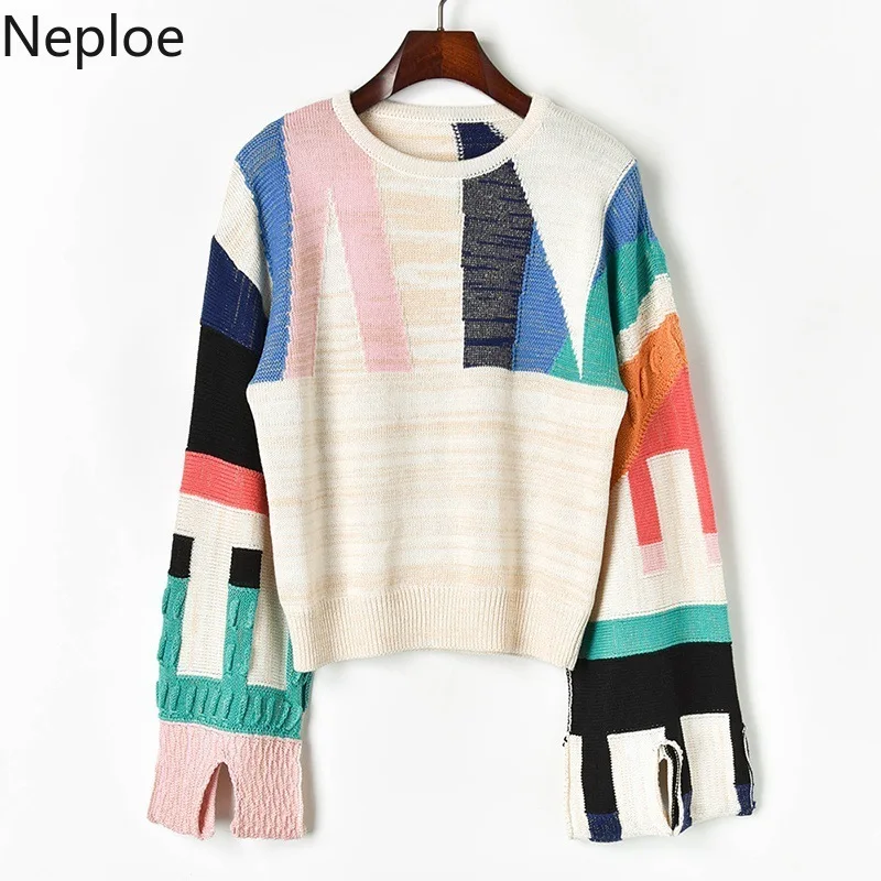 Neploe корейский небольшой аромат абстрактный геометрический цвет матч свитер для