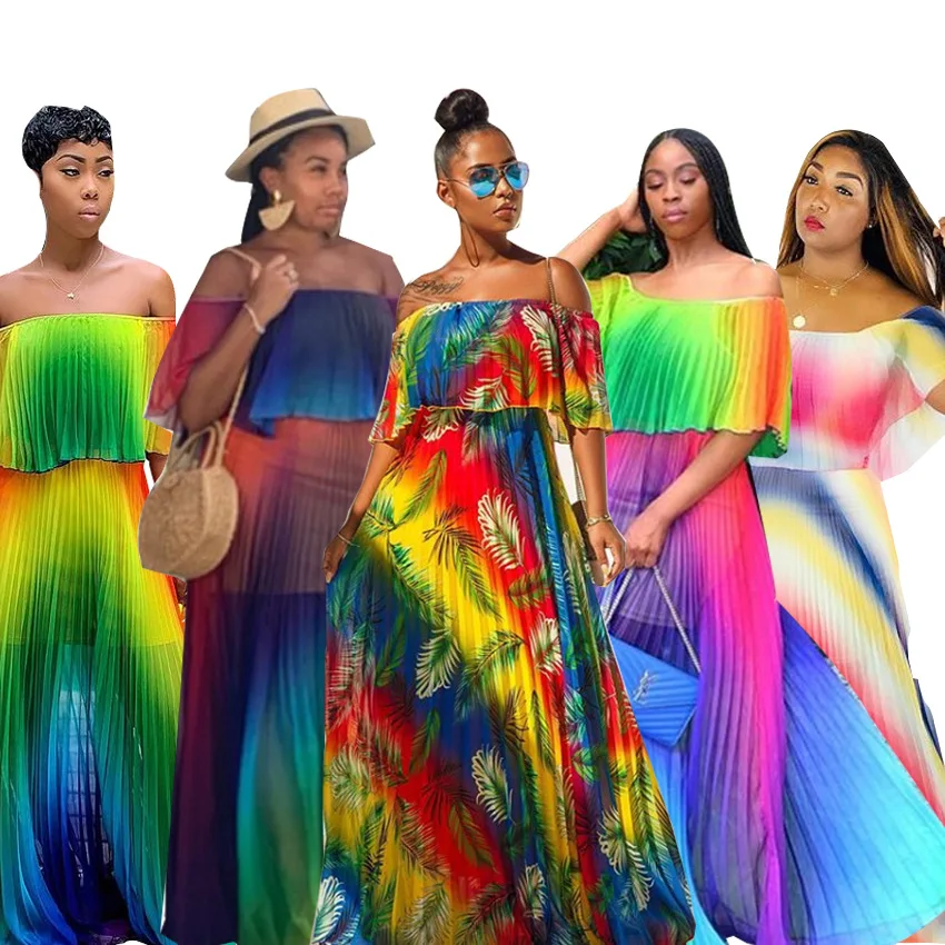 

More Styles Gradient Chiffon Printed Women Beach Dress Slash Neck Pleats Short Sleeve A line Floor Lenght Stunning Party Dresses