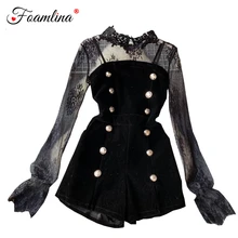 Foamlina, сексуальный женский комплект из двух предметов, новинка, стильная кружевная рубашка с длинным рукавом и сеткой, бархатный комбинезон на бретельках