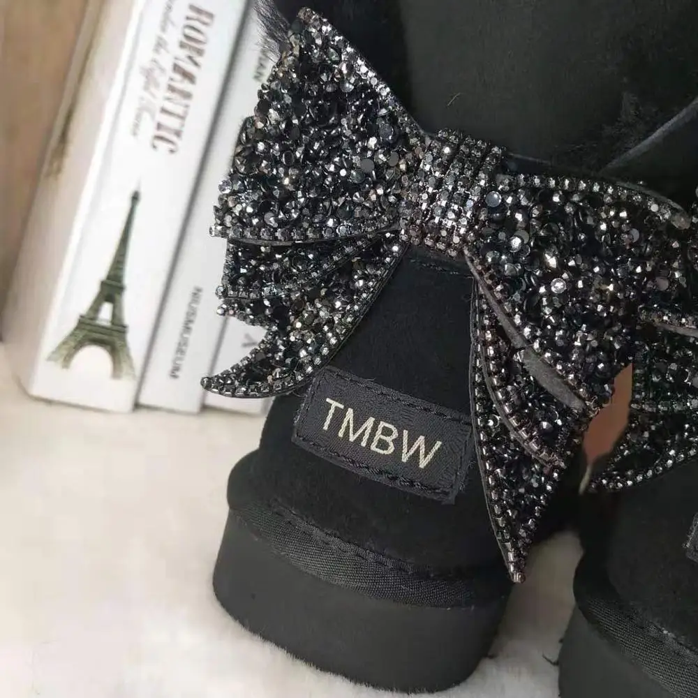 black Blinging/; красивые женские зимние ботинки из натуральной овечьей кожи с бантом; женские ботинки на натуральном меху; теплые зимние ботинки с шерстью - Цвет: black