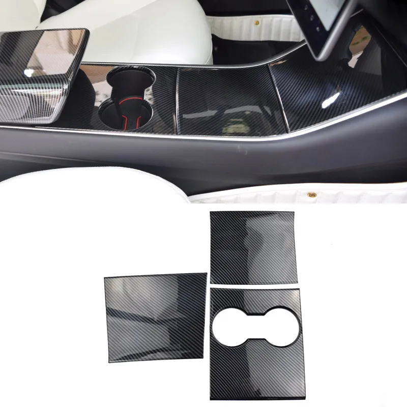 Hivotd For Tesla model 3 Accessories Central Console Water Cup Panel Cover Carbon Fiber Decoration Sticker Car Styling