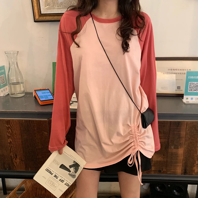 Moda feminina Женская одежда с круглым вырезом в стиле пэчворк, простые футболки с длинным рукавом, складные повседневные стильные футболки, весенне-осенние новые женские футболки