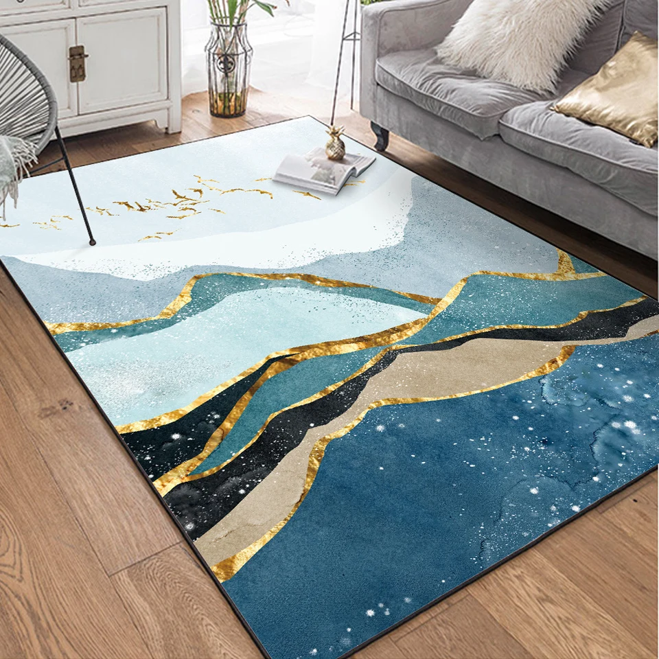 Abstract Blue Green Gold Lines Area Rug For Living Room Landscape Wild Geese Fly Bedroom Bedside Carpet Entrance Door Floor Mat | Дом и сад