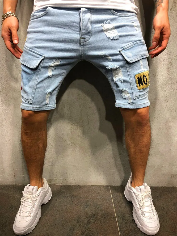 Men Stretchy Ripped Skinny Biker Embroidery Print Jeans 2021 New Style Destroyed Hole Taped Slim Fit High Quality Denim Shorts maamgic sweat shorts