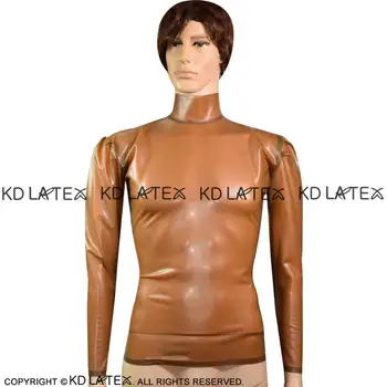 

Transparent Brown Sexy Latex Blouse Zipper At Back Puff Long Sleeves High Collar Rubber Blouse Top YF-0081
