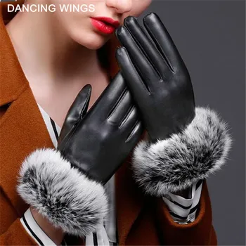 

Autumn and winter women's thicken leather gloves Outerdoor Warm real rabbit fur PU leather cycling gloves full finger