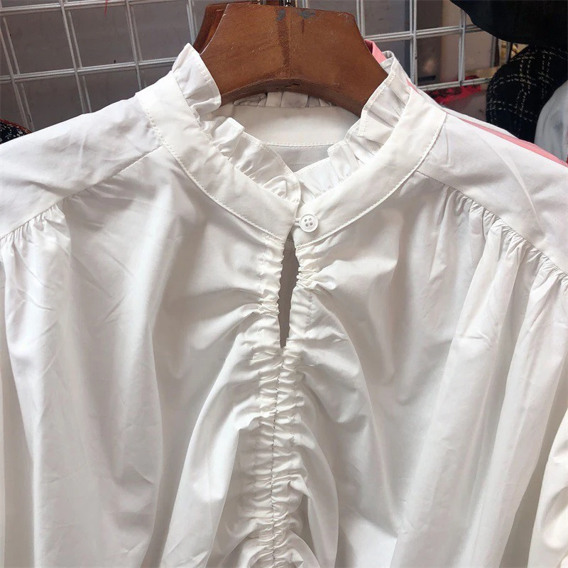 [DEAT] Женская плиссированная полая блузка на шнурке, новая свободная рубашка с отворотом и длинным рукавом, модная весенняя Осенняя 13F023