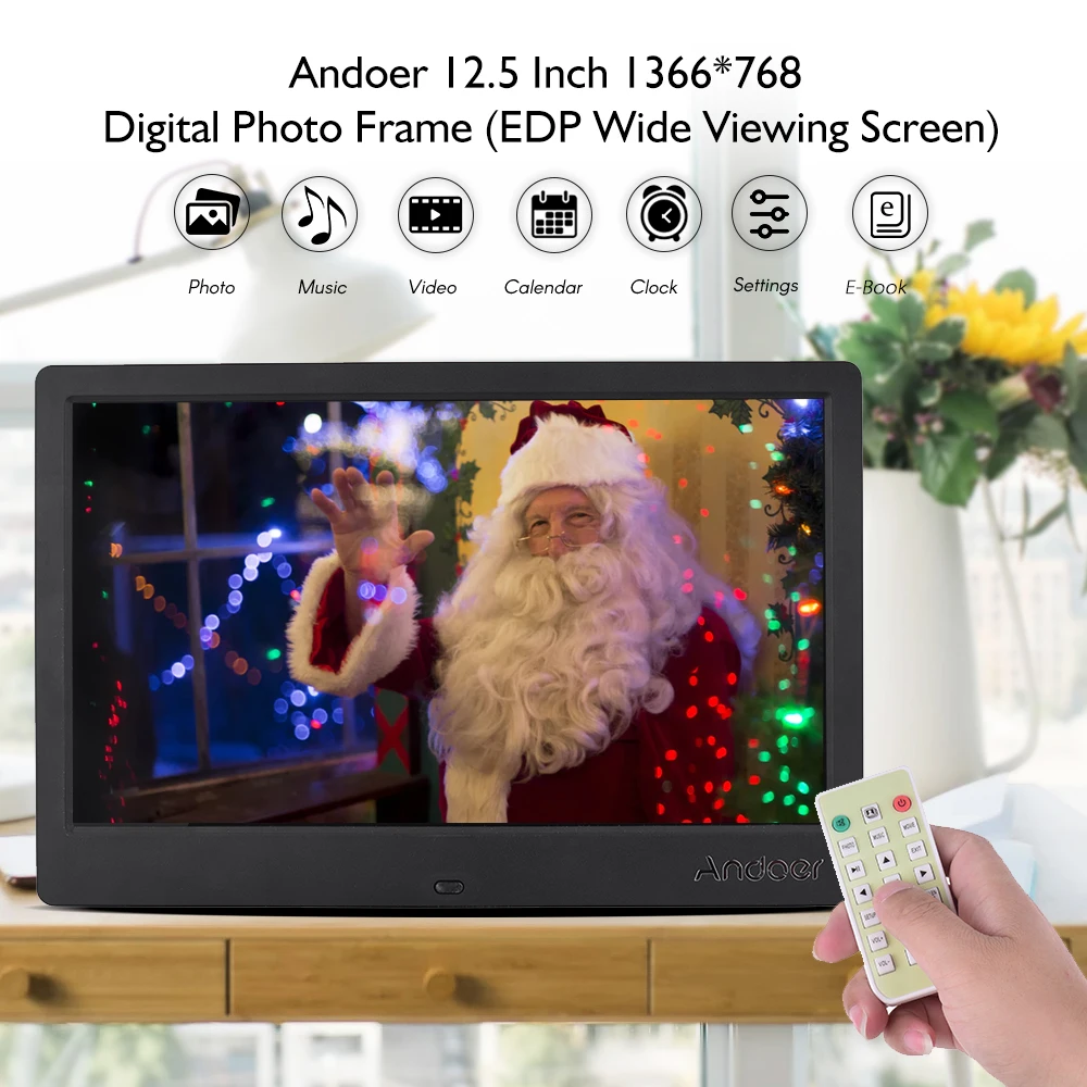 

12.5" Digital Photo Frame 1366*768 High Resolution EDP Wide Viewing Angle Display Support Music Video Clock Calendar