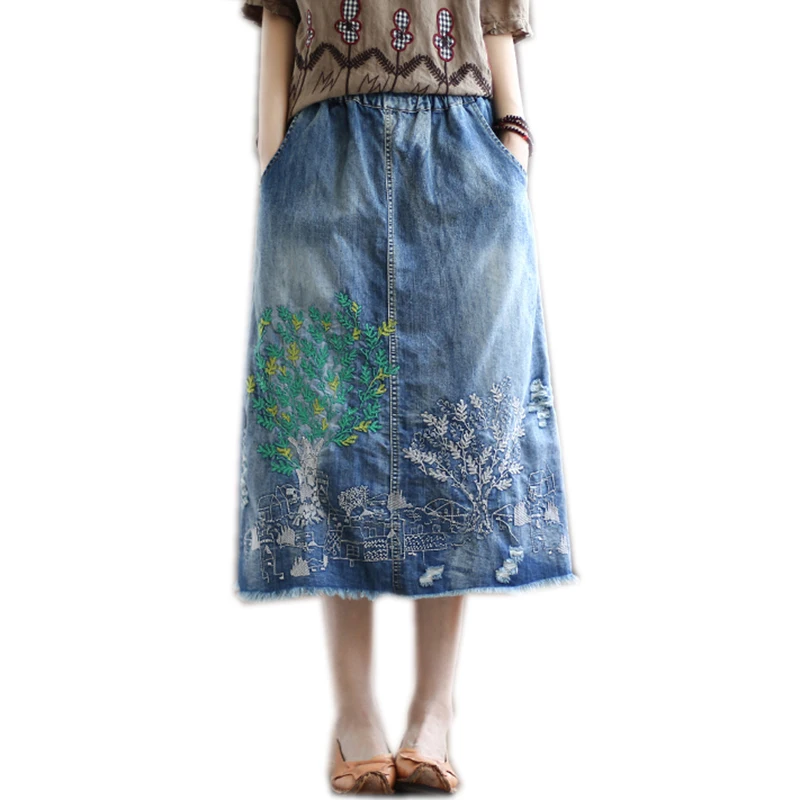 distressed long denim skirt