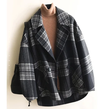 

korean modish plaid loose soft black wool winter coat women casual fashion womens coats ladies tops female clothes fall 2019