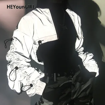 

HEYounGIRL Ruched Reflective Crop Jacket Women Harajuku Hip Hip Casual Windbreaker Long Sleeve Coats Drawstring Zipper Autumn